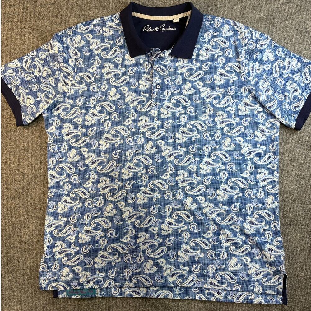 Robert Graham Paisley Print Blue Mens Polo Size L Classic Fit 100% Cotton